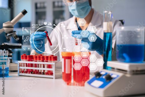 Fotografie Glass vial, pipette and scientist in laboratory for medical study, research or experiment