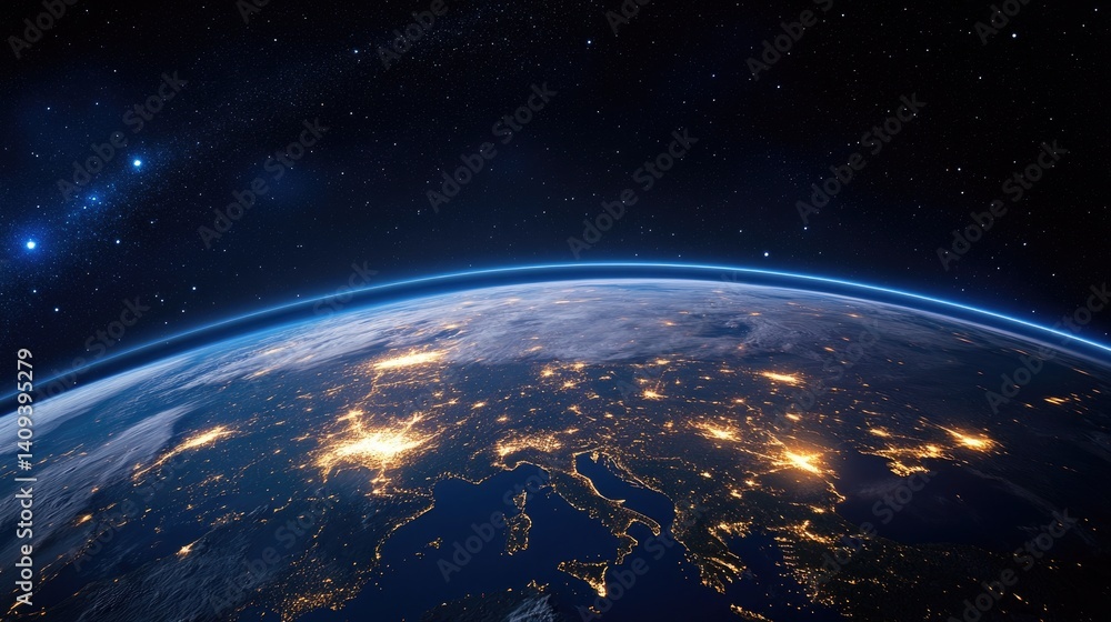 Fototapeta premium Stunning View of Europe at Night from Space with Bright City Lights
