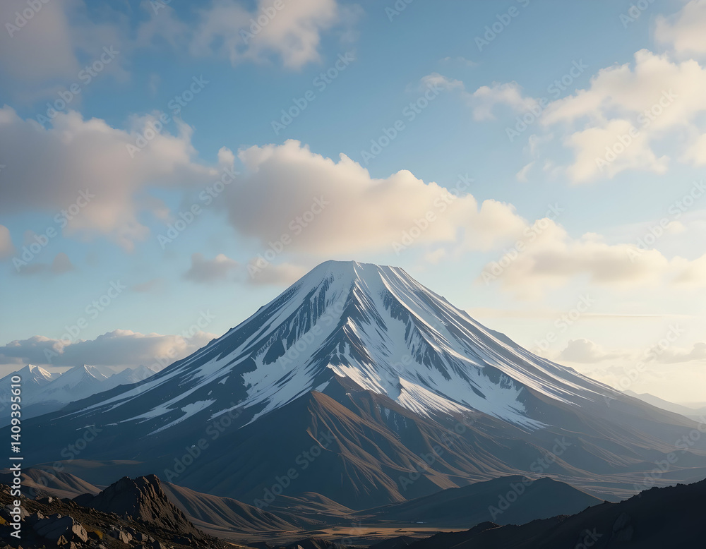 Fototapeta premium Snow Capped Mountain Under Blue Sky with Fluffy Clouds