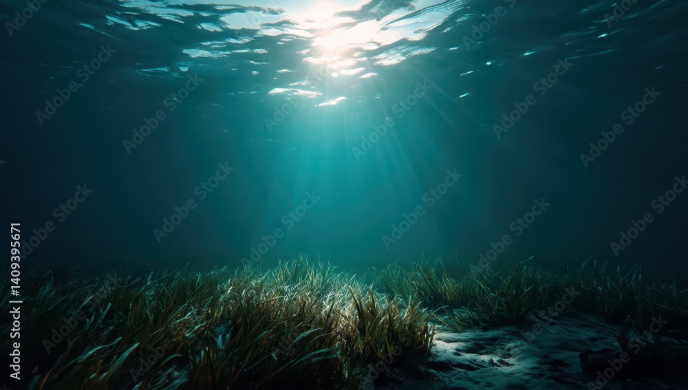 Soft rays of sunlight penetrate the surface, illuminating the ocean floor covered with lush seagrass and gentle waves of sand. This serene undersea environment captures the beauty of marine life Soft rays of sunlight penetrate the surface, illuminating the ocean floor covered with lush seagrass and gentle waves of sand. This serene undersea environment captures the beauty of marine life