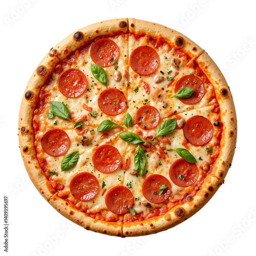 Delicious pizza slice with mozzarella and pepperoni, isolated on white