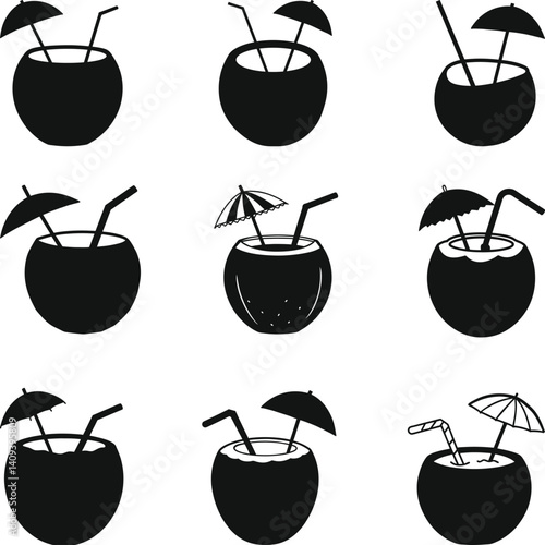 Coconut water cocktail drink straw umbrella Vector Silhouette