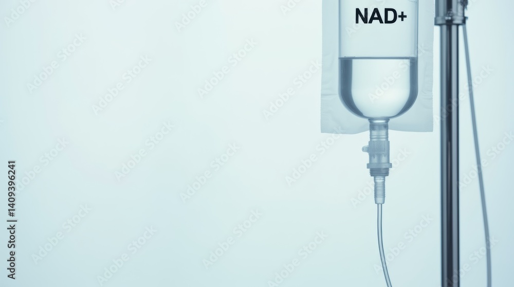 Close-up of transparent iv drip bag with NAD plus hanging from a metal stand for medical treatment