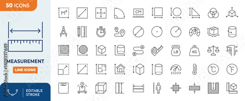 Measurement line editable icon set. Contains related icons of Measurements, size, parameter, and more. editable stroke. vector illustration