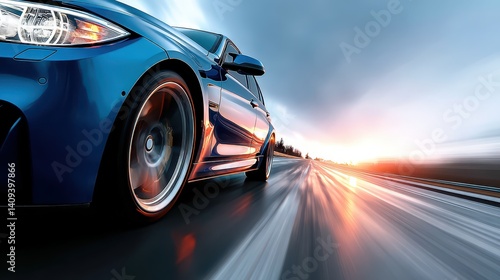 A blue car speeds along a wet road, showcasing its sleek design as it races towards the horizon. The dynamic motion captures the beauty of sunset and the thrill of driving