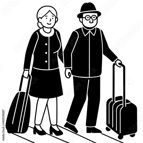 Elderly couple traveling with their luggage