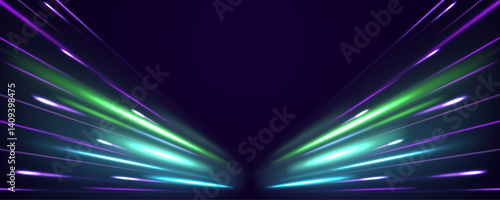 Horizontal night road in the form of a panorama with green neon lights. City light trails motion background.	Long exposure of motorways as speed. Luminous sparkling lines, glowing violet speed rays.	