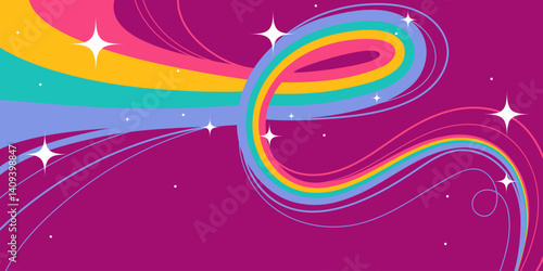 Colorful Abstract Design with Squiggle Wavy Lines and Sparkling Stars on Purple Background. Retro cosmic swirls with vibrant movement. Perfect for futuristic prints, party and space themes