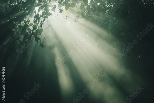 sunbeams through dense forest fog misty morning
