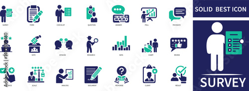 Survey icon set featuring questionnaires, feedback, polling, analysis, forms, data collection, and results symbols for business and research use.