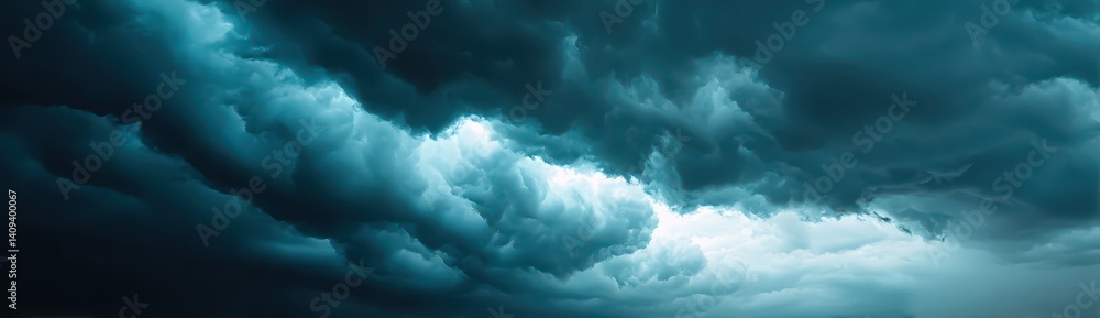 Fototapeta premium Dark clouds swirl dramatically across the sky, indicating an impending storm. The atmosphere is tense, as the sun struggles to break through, creating a moody ambiance over the landscape