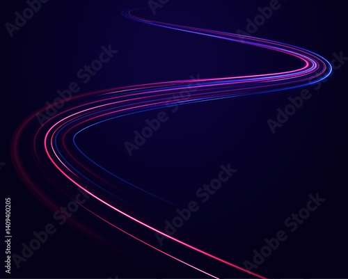 Blue glowing lines flow in an abstract air motion effect. Vector radial spirals combine with light streaks for a digital speed look.