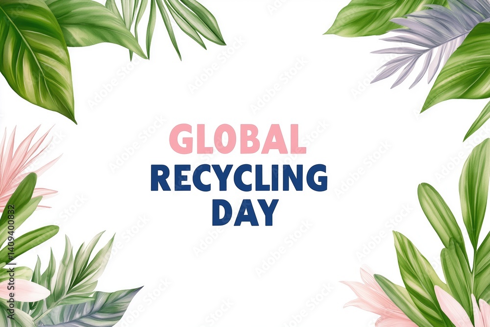 Global recycling day banner with lush greenery and tropical leaves frame Global recycling day banner with lush greenery and tropical leaves frame