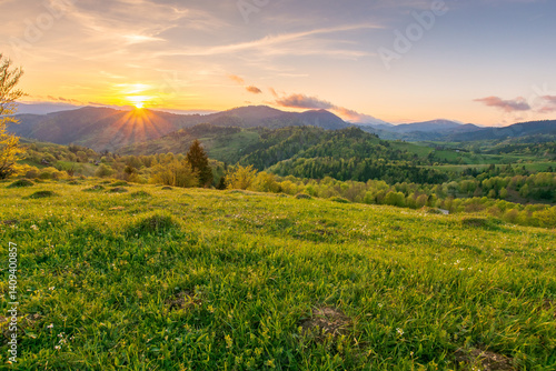 Obraz na płótnie countryside outdoor view in evening light. mountain landscape in spring. rural nature background with green meadow and forest on the hill under clouds on sky w salonie
