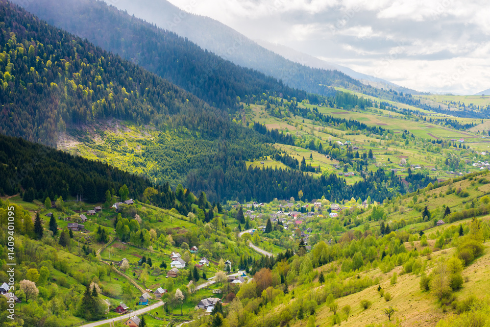mountainous countryside landscape with synevyr village in the valley. scenic farmland. cloudy weather. rural fields and meadows on the forested slopes of hill. rolling scenery in spring. lush woodland