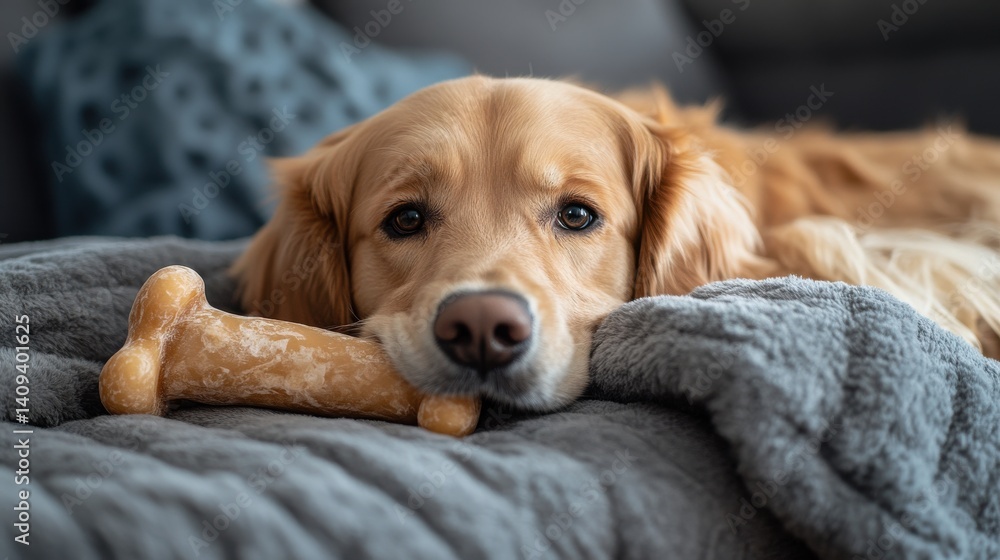 Golden retriever rests on cozy blanket with chew toy in a comfortable living room setting Golden retriever rests on cozy blanket with chew toy in a comfortable living room setting