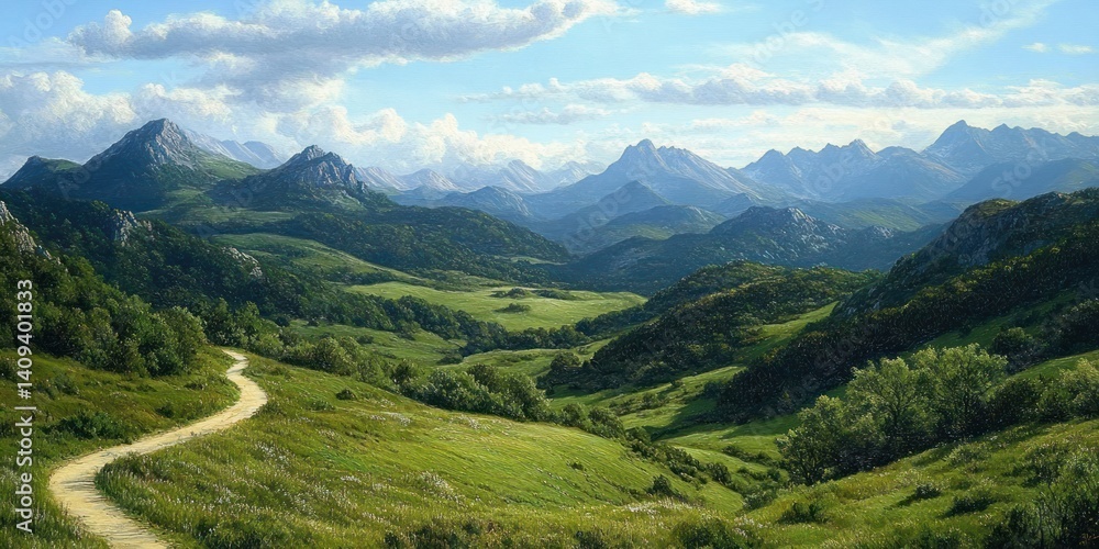 Fototapeta premium Serene Hills and Distant Mountains in a Lush Landscape