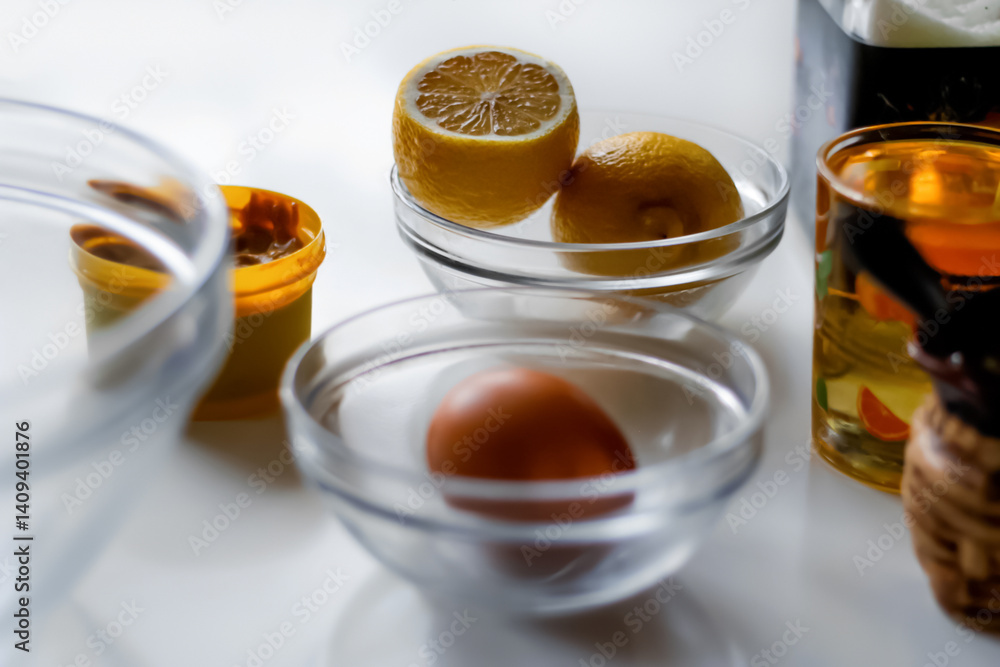 Fresh ingredients for homemade mayonnaise arranged on a clean kitchen surface. whole eggs, a bottle of oil, a cut lemon, and a spoonful of mustard. A minimal and natural setup