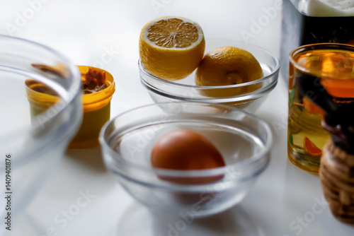Obraz na płótnie Fresh ingredients for homemade mayonnaise arranged on a clean kitchen surface. whole eggs, a bottle of oil, a cut lemon, and a spoonful of mustard. A minimal and natural setup w salonie