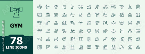 Gym linear icon collection. Featuring athletic, healthy, fit, equipment, fitness, training, sport. Minimalist icons collection. Exercise icon pack. Editable vector art and illustration.