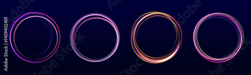 Circular frames shimmer with radiant energy. Particles float and glow in a smooth swirl. A dynamic scene of motion and light.