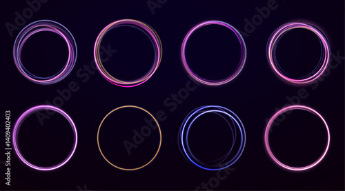 Neon ellipse in the form of speed. Glowing spiral. Abstract neon color glowing lines background. The energy flow tunnel. Shine round frame with light circles light effect.	