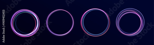 Neon light circle of speed in the form of a round whirlpool. Curve blue line light effect. Luminous spiral round frame.	