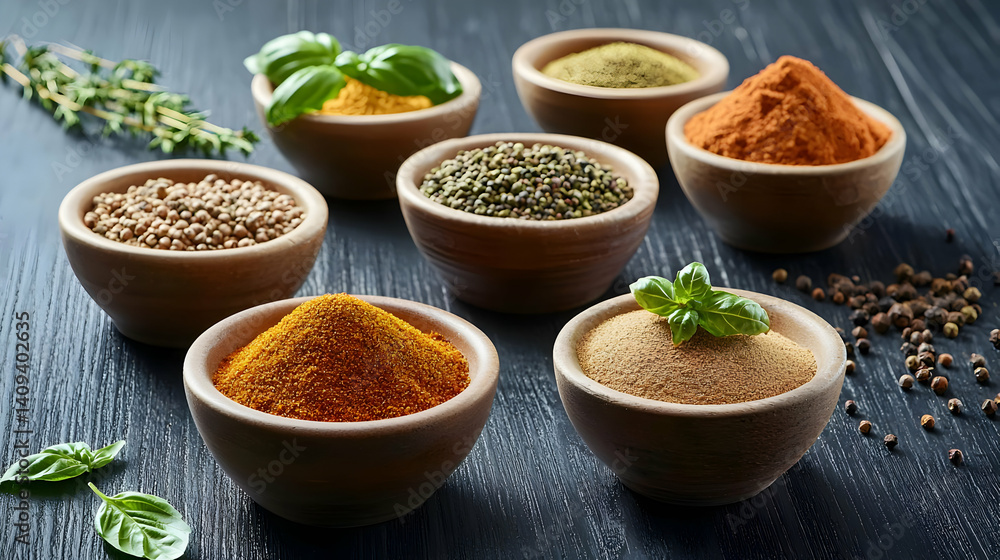 Assorted Spices in Wooden Bowls Assorted Spices in Wooden Bowls