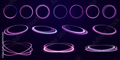 Glowing neon rings swirl through a dark space. Sparks and smoke enhance the magical energy flow. A perfect portal to a digital world.