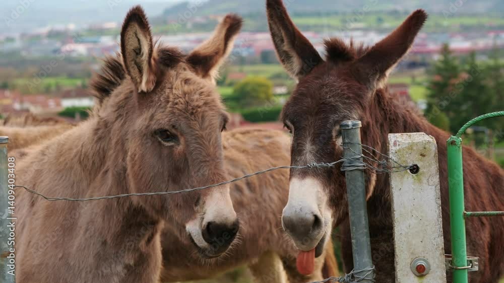 Two donkeys stand by a fence, interacting with each other on world donkey day Two donkeys stand by a fence, interacting with each other on world donkey day