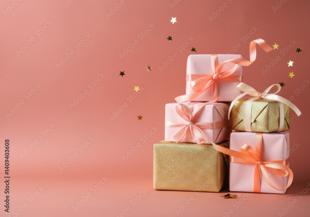 Elegant pink and gold gift boxes with ribbons and star confetti on peach background