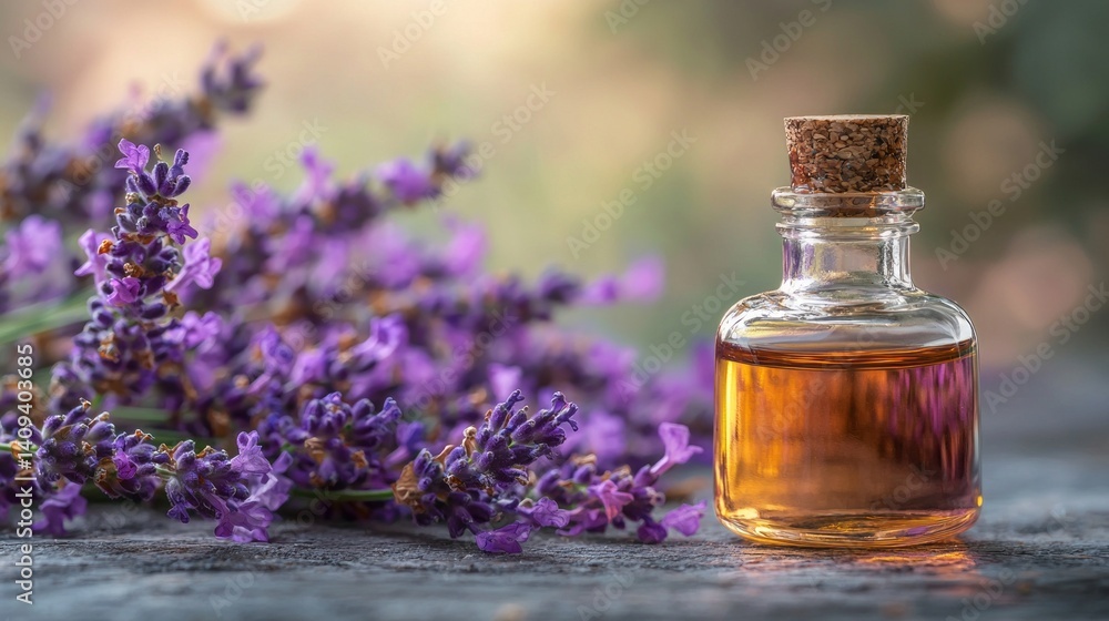 A bottle of lavender oil sits on a table next to purple flowers A bottle of lavender oil sits on a table next to purple flowers