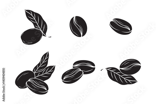 Black coffee beans and leaf icons in flat design, simple and bold vector perfect for branding or prints.
