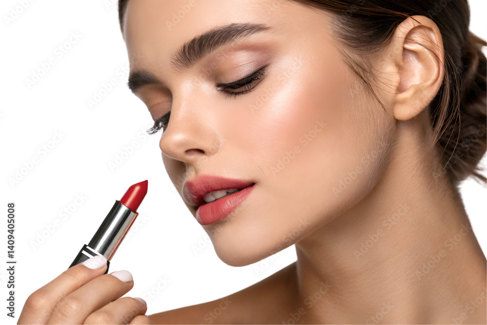 Beautiful woman holding lipstick ready to apply on transparent background