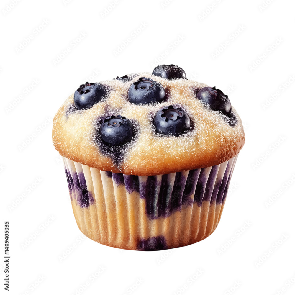 Freshly baked blueberry muffin with sugar dusting isolated on a white transparent background. Freshly baked blueberry muffin with sugar dusting isolated on a white transparent background.