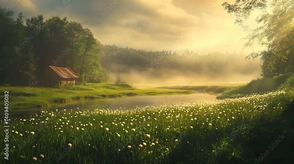 Fototapeta premium Idyllic Forest Landscape with Misty River Under Golden Sunlight with Greenery