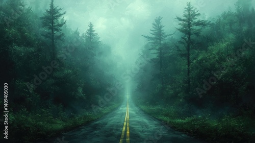 Mystical foggy forest road with tall trees on a misty day