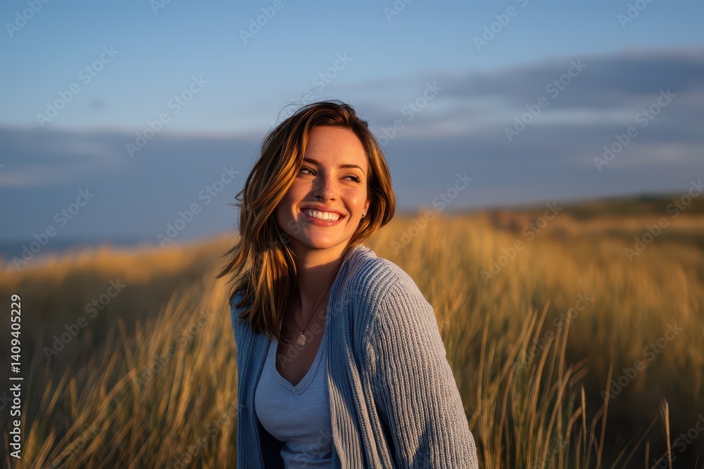 Naklejka premium A beautiful woman with a joyful smile stands amidst golden grass on a beach during the late afternoon. Sunlight enhances her features as she enjoys a serene moment by the sea