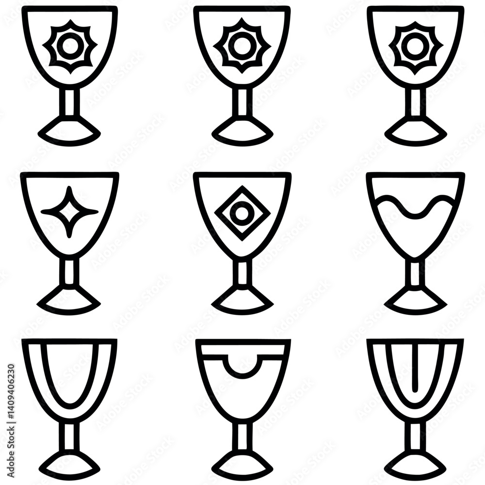Set of Outline Wine and goblet Glasses with Decorative Designs Set of Outline Wine and goblet Glasses with Decorative Designs