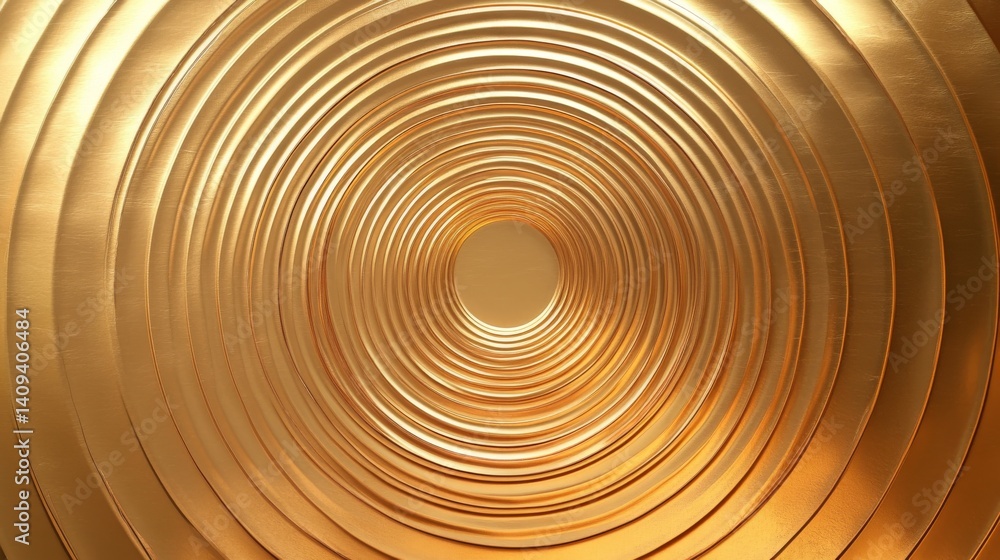 Obraz premium Polished gold plate with radial gradient emanating from center, delicate concentric ring patterns engraved in surface, mirror reflections showing environment, professional studio lighting, ultra