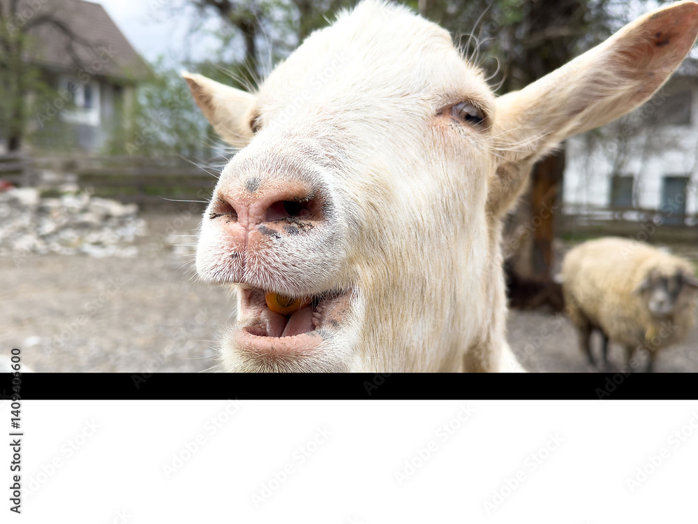 Close-up of a curious goat with open mouth in a farm setting Close-up of a curious goat with open mouth in a farm setting