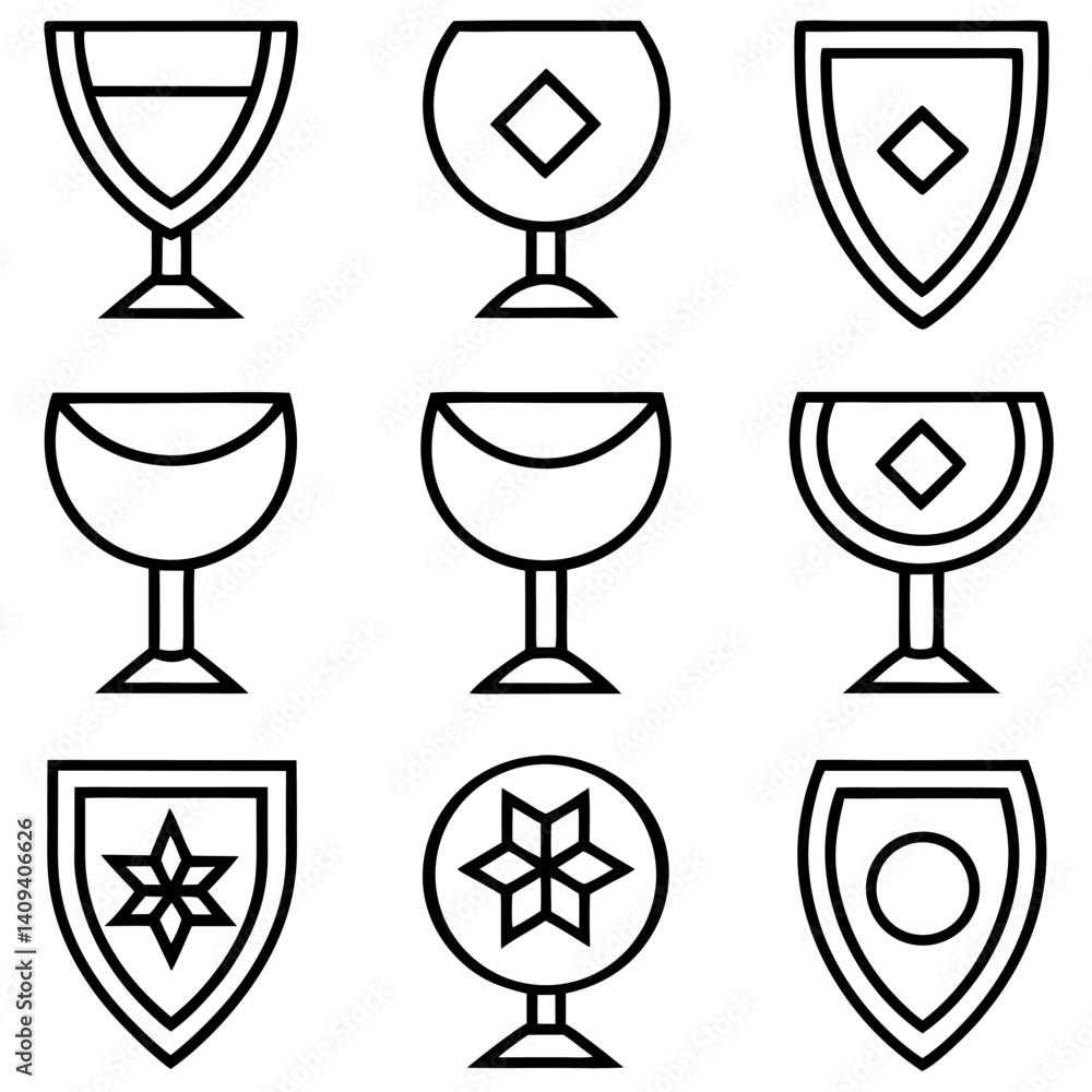 Set of Outline Wine and goblet Glasses with Decorative Designs Set of Outline Wine and goblet Glasses with Decorative Designs
