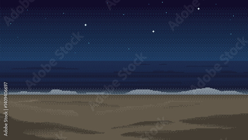 Pixel art sandy beach at night with starry sky. Background for the game.