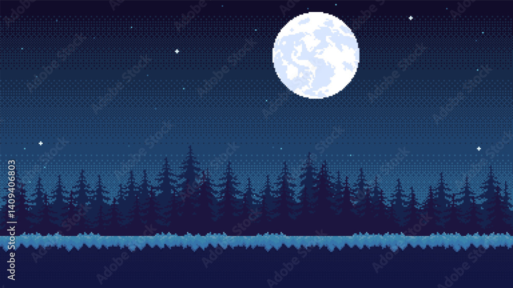 Fototapeta premium Pixel art location with forest at night with moon and stars. Seamless landscape background for game or application.