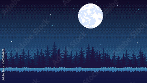 Pixel art location with forest at night with moon and stars. Seamless landscape background for game or application.
