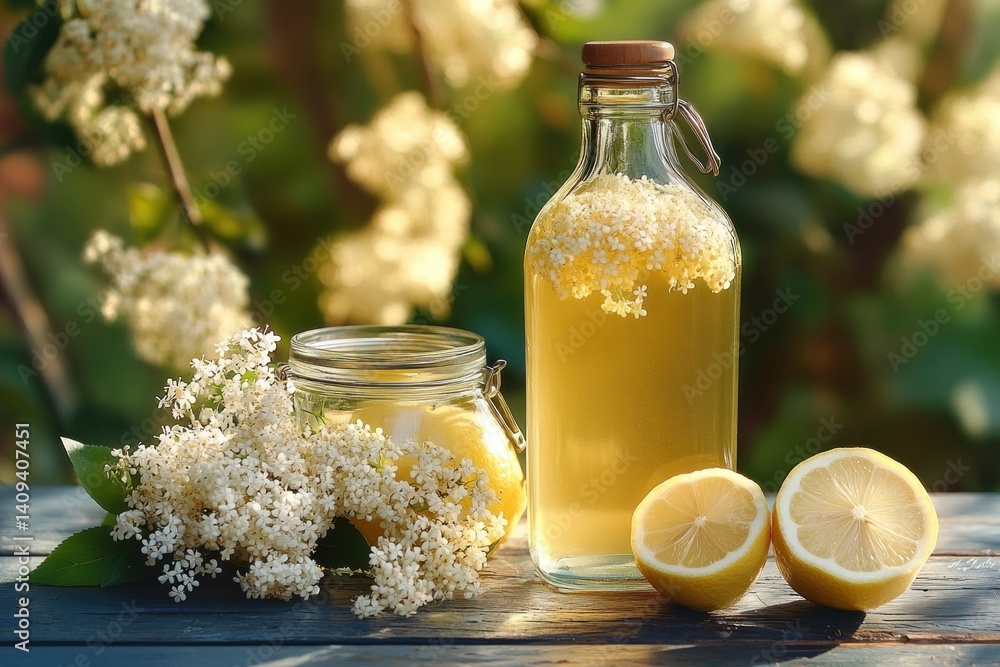 Elderflower Cordial with Lemon Slices and Blossoms on Wooden Table Elderflower Cordial with Lemon Slices and Blossoms on Wooden Table