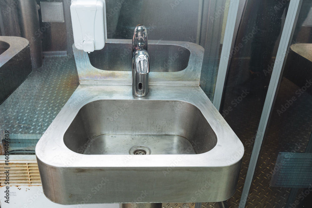 Fototapeta premium This setup includes a beautifully designed stainless steel sink that is complemented by a convenient soap dispenser positioned right next to it for easy access and functionality