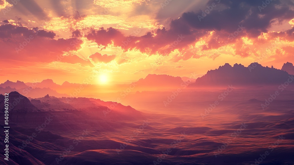 Obraz premium Majestic sunset landscape with vibrant orange hues over rolling hills and distant mountains red sky