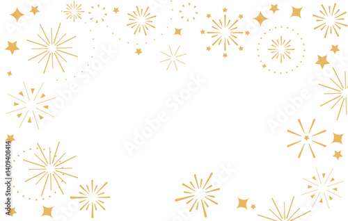 New Year Festival White background with golden fireworks and sparkles. Space for the text. New Year, party, festival concept