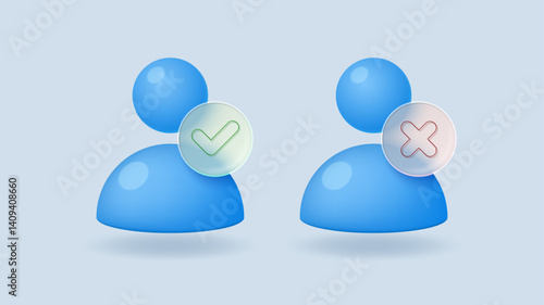 User icons with green check mark and red cross in transparent matte glass morphism style. Approved and rejected user profile name password. Vector 3d illustration.